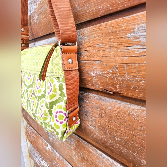 Vintage Fossil Green Canvas & Brown Genuine Leather Crossbody Purse Floral - Picture 11 of 16